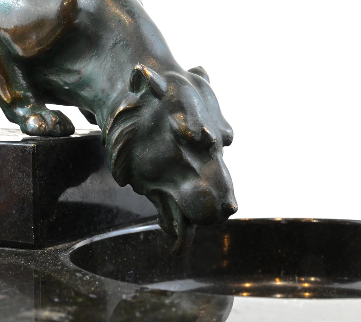 Art Deco Black Marble Tin Tray With Patinated Metal Lioness - France 1920s-photo-2